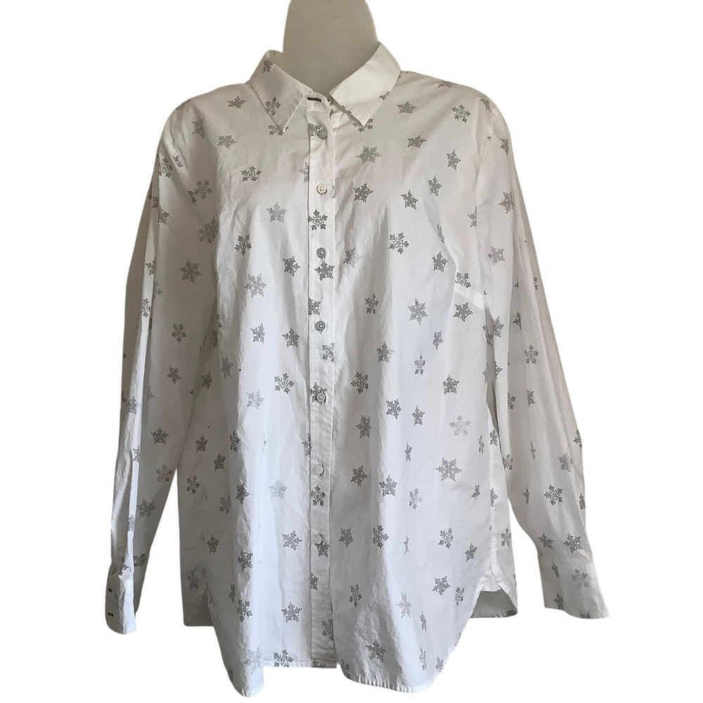 Talbots Womens XL White Silver Metallic Snowflake Cotton Button Down Shirt Top